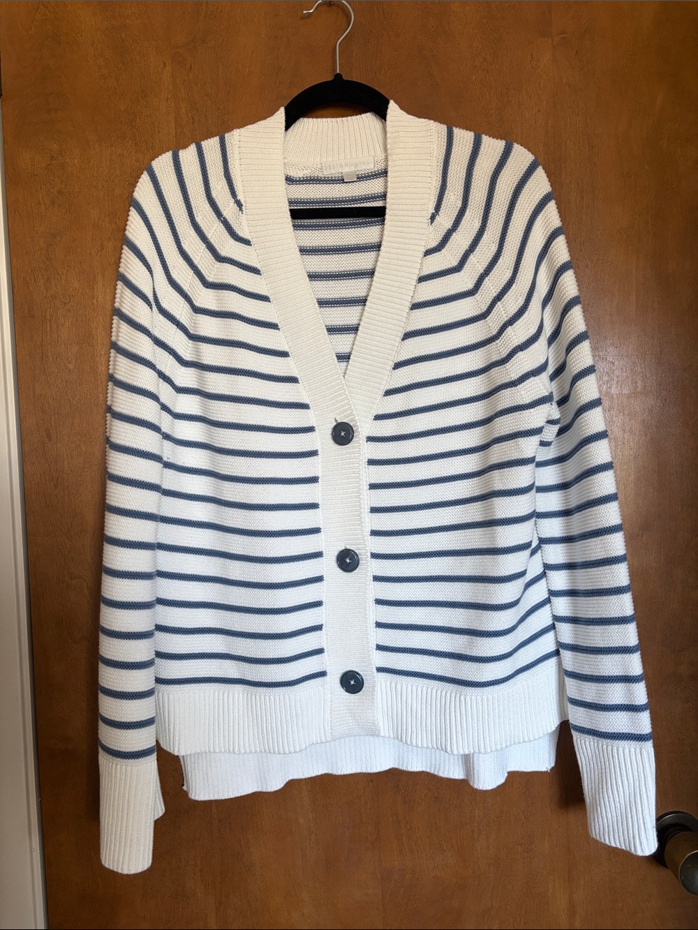 Design History White and Blue Striped V-Neck Button Cardigan